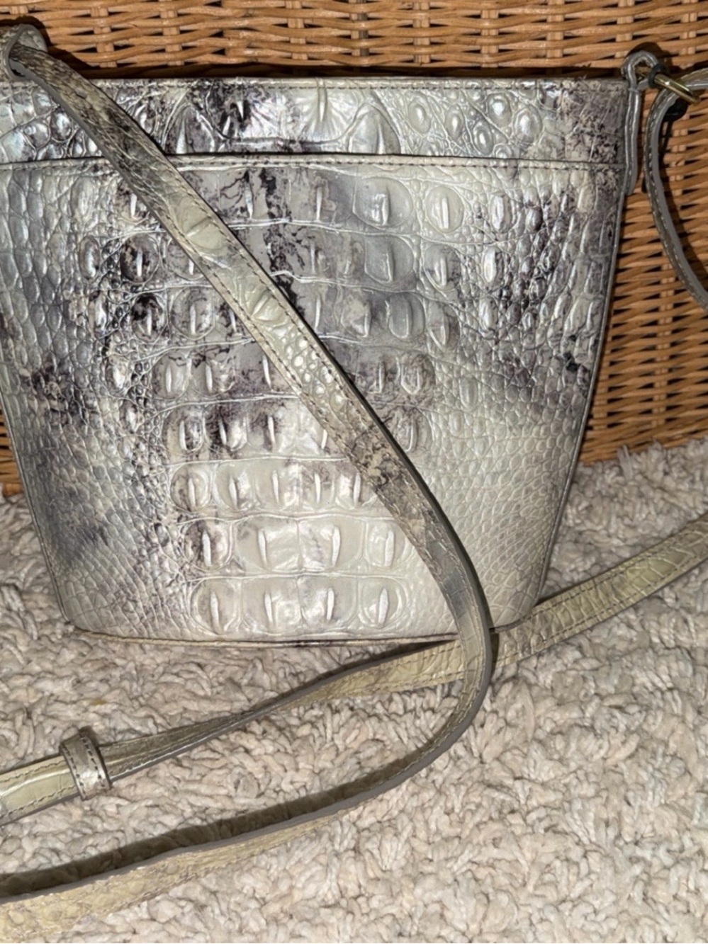 Brahmin Silver Croc-Embossed Leather Crossbody Bucket Bag